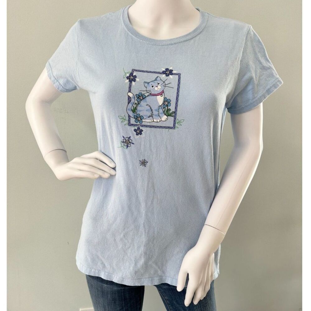 Top Stitch By Morning Sun Vintage Y2k 90s Cat Graphic Tee Blue Shirt size Medium